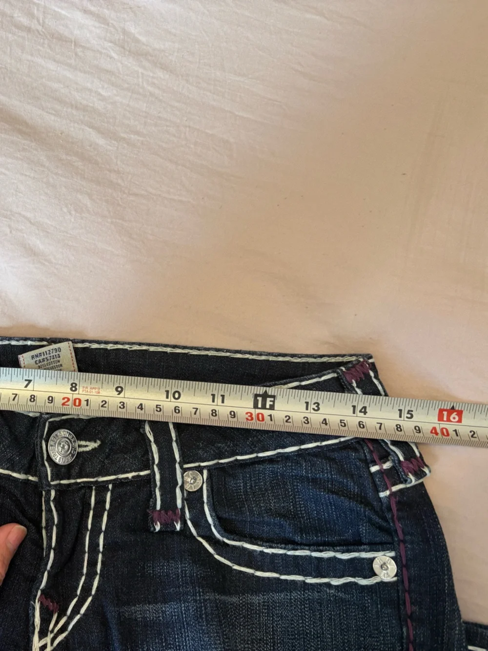 True Religion Dark Blue Skinny Jeans with White Stitching and Purple Patch - Picture 10 of 12